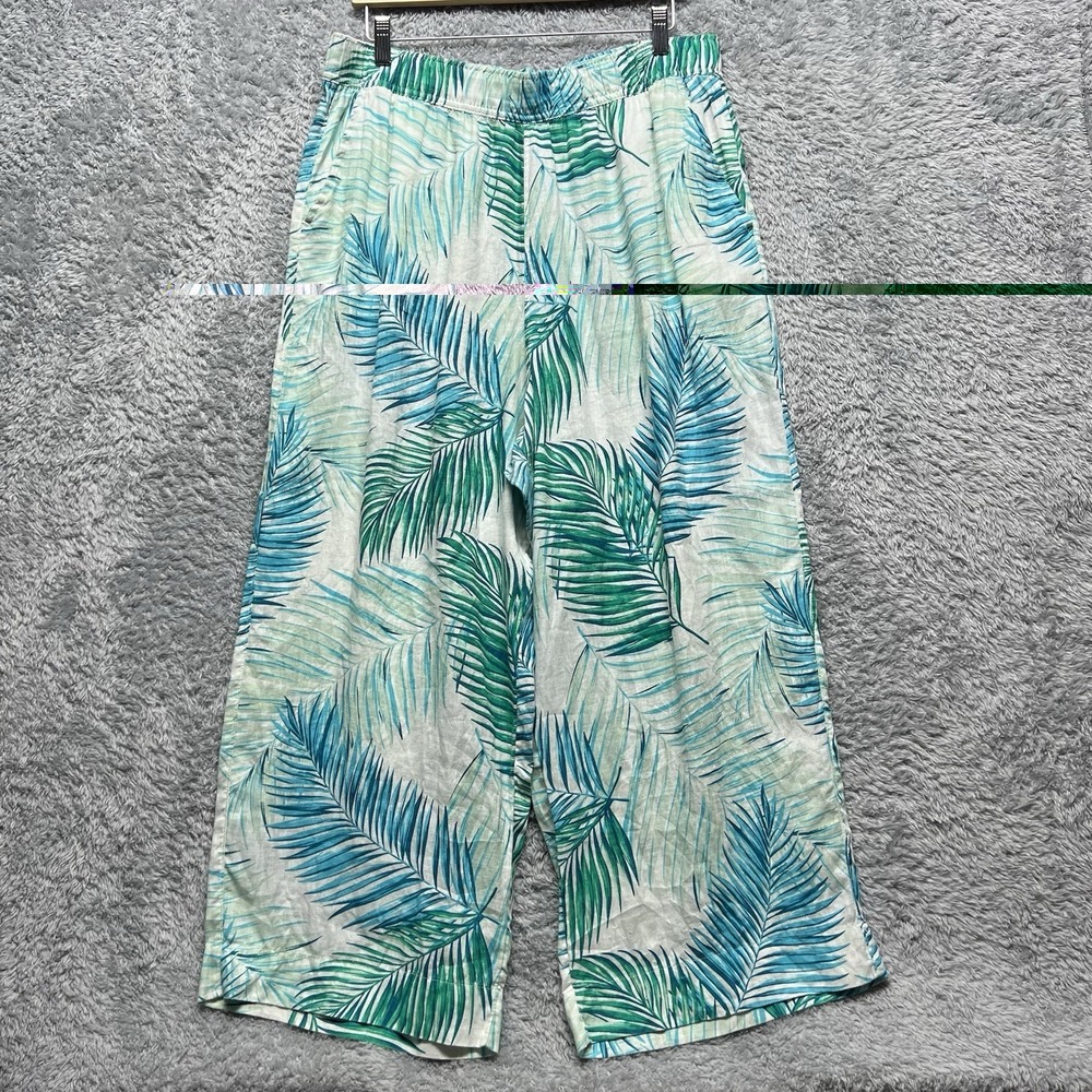 Tahari Wide Leg Linen Womens XL Blue White Tropical Cropped Resort Beach